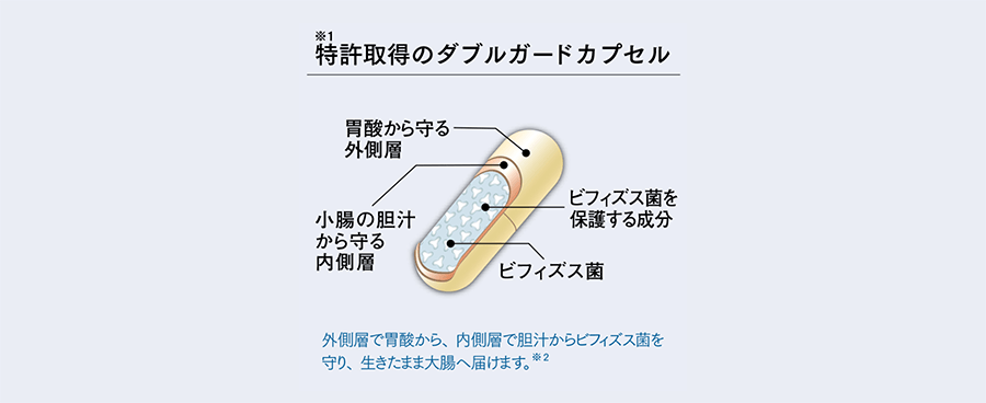 ※1特許取得のダブルガードカプセル　胃酸から守る外側層　小腸の胆汁から守る内側層　ビフィズス菌を保護する成分　ビフィズス菌　外側層で胃酸から、内側層で胆汁からビフィズス菌を守り、生きたまま大腸へ届けます※2
