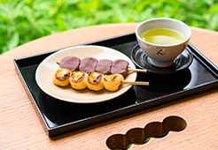 子規も味わった羽二重団子(煎茶付き)560円。
